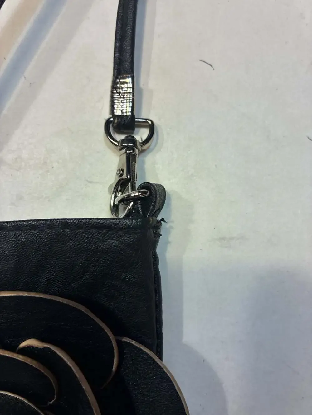 Black Leather Camellia Flower Applique Crossbody Mobile Phone Purse Bag